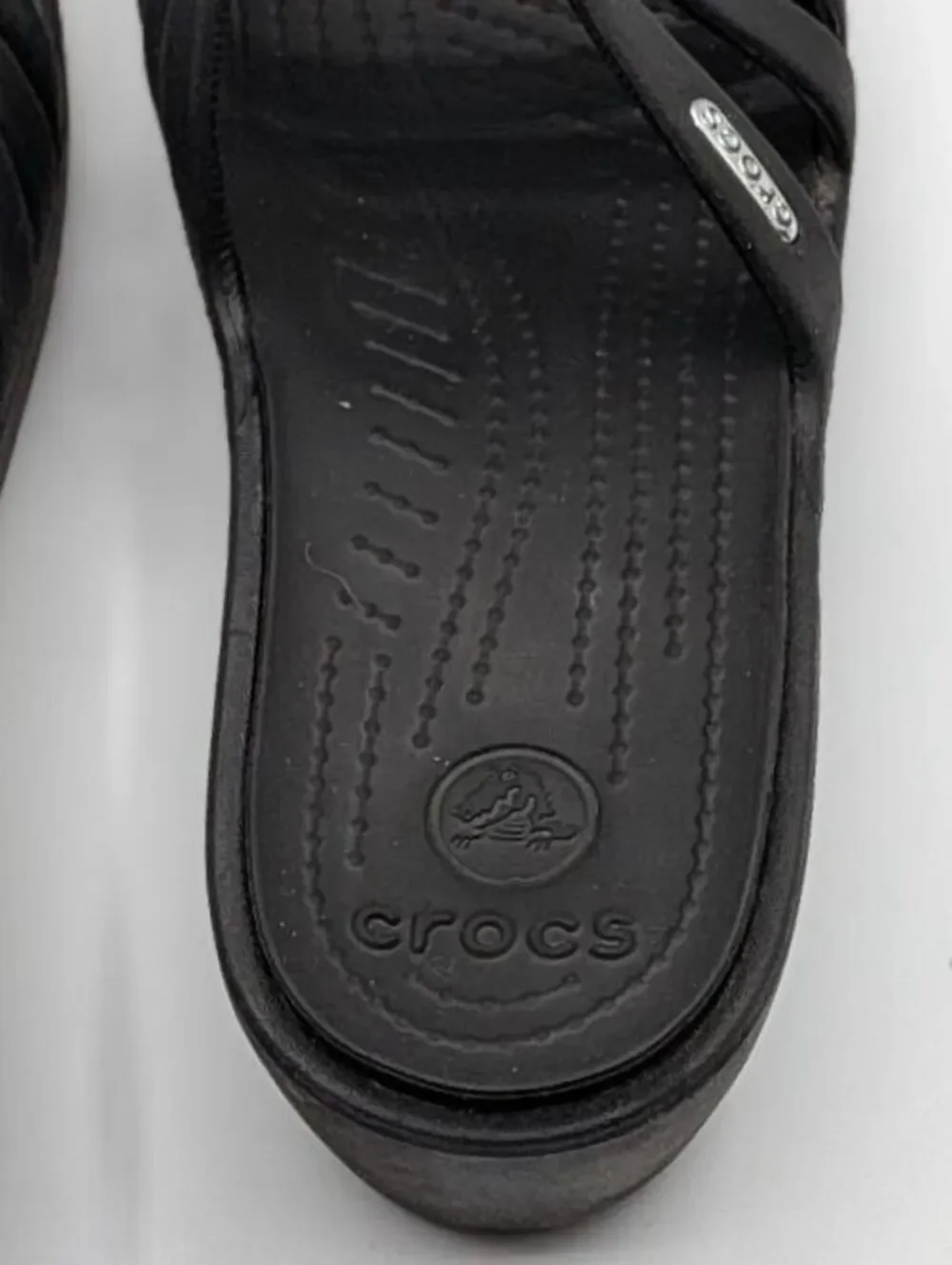 Crocs Size 7 $60 Black Huarache Strappy Comfort Slide Sandals Casual Lightweight